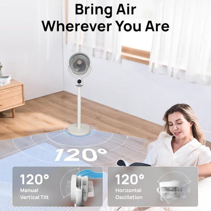 Ormos Floor Fan, 120° Air Circulation Fan, Adjustable Height Vertical Fan, with Remote Control, Natural Wind, USB Charging, 3 Modes, Home, Office, Bedroom, Living Room (White 8000 Ma)
